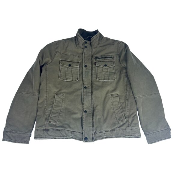 Levi's Snap Front Zip Khaki Trucker Jacket Men's Sz L Tan Pockets Quilted Lining - Picture 1 of 13